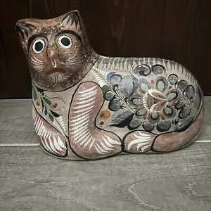 Tonala Mexican Pottery Clay Cat Handpainted Designs Folk Art 11" x 7” Kitty - Picture 1 of 12