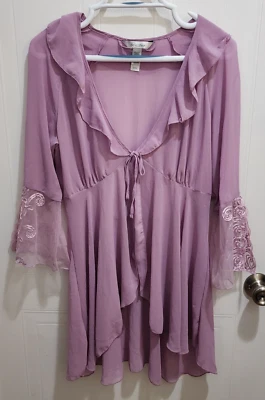 NUEVO Delicate Para Mujer Corbata Frontal Transparente Manga Larga Bata Volantes Púrpura Talla Pequeña Foto 1 de 4