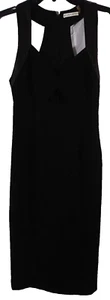 Alice Olivia Black Sheath Dress Sz 4 Cut Out Front T Back Leather Trim Zip Vent - Picture 1 of 13
