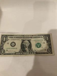 Fancy Serial Number $1 Dollar Bill Four Trailing 0’s in a row L63170000 D 2017 - Picture 1 of 3