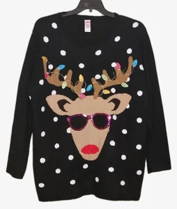 Holiday Time - Black Embroidered Reindeer Sunglasses Holiday Sweater - Size 3X - Picture 1 of 3