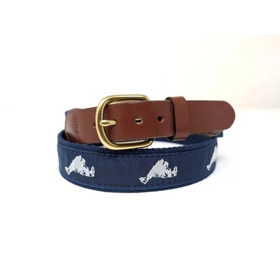 Leather Man Ltd Essex Ct Men's Belt Navy Canvas Brown Leather Mountains 36 Brass - Image 1 of 4