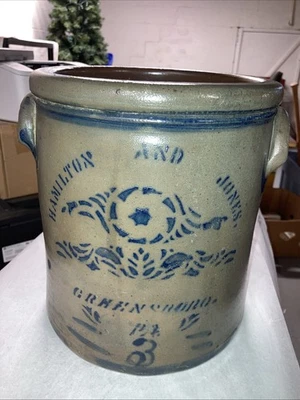 Antique Hamilton & Jones Blue Decorated 3 Gallon Stoneware Crock Greensboro Pa. - Image 1 of 4