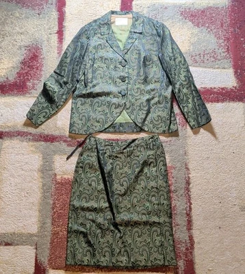 Jaqueta e saia blazer vintage Herbert Owen Califórnia 2 peças verde tapeçaria floral - Imagem 1 de 4