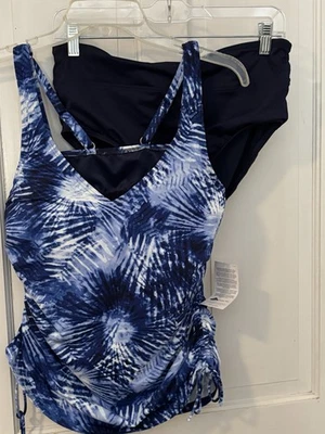 Traje de baño Tankini Lands End, estampado de palma azul marino con etiqueta, parte inferior azul marino liso talla 10  Foto 1 de 4