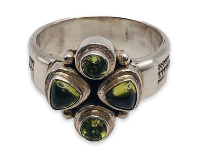 Anillo de cóctel verde peridoto 925 plata esterlina trébol Bali banda cúpula talla 6,5 Foto 1 de 4