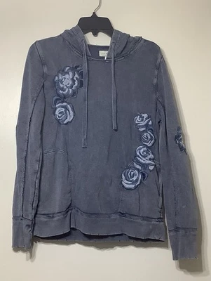 Lucky Brand Size M Washed Blue Hoodie Floral Embroidered Distressed Sweatshirt - Image 1 of 4