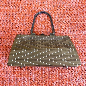 Borsetta vintage anni 70 tessuto legno bambù vimini rattan borsetta pochette vintage anni 70 boho - Foto 1 di 9