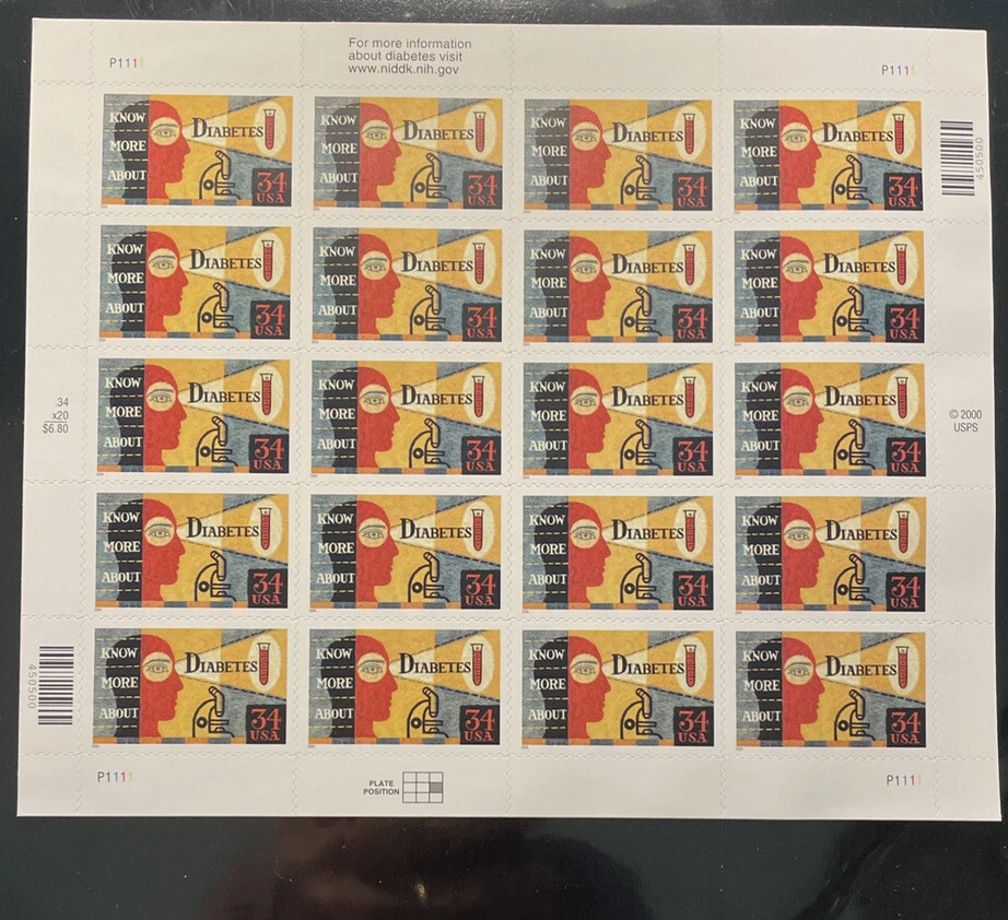 US Scott #3503 - 2001 34c Diabetes Awareness - Sheet of 20 - MNH, USPS - Image 1 of 1