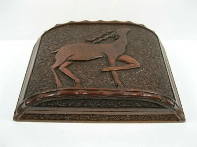 ANTIGUA CAJA DE MADERA CÚPULA ANTÍLOPE GACELA MADERA DURA ANGLO INDIA TALLADA  Foto 1 de 4