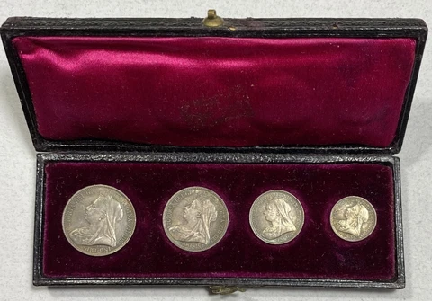 1896 Great Britain Veiled Head Silver Maundy Set UNC with Box Cover