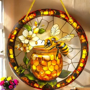 Bee and Honey Faux Stained Glass Acrylic Art Suncatcher 8in Round Panel - Picture 1 of 5