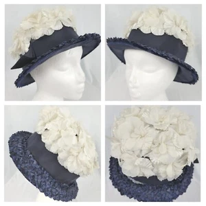 Vintage Navy Blue Straw Hat with White Floral Top - Picture 1 of 13
