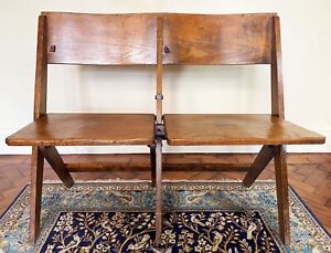 Antique 2 seater golden oak arts and crafts mission chapel folding bench 
