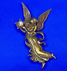 Winged Angel Holding Glowing Star Gold Color Brooch Pin JJ Jonette - Picture 1 of 11
