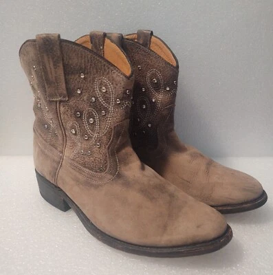 Miz Mooz Cozumel 铆钉踝靴灰褐色皮革西部节日摇杆 8 码 — 第 1/4 张图片
