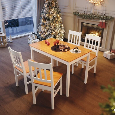 Classic Solid Wooden Wood Dining Table and 4 Chairs Set Kitchen Home Furniture - Image 1 of 4