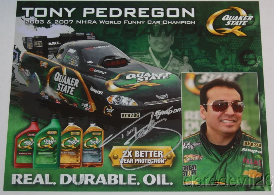 Tarjeta de héroe de coche divertido Chevy Impala Quaker State firmada por Tony Pedregon 2009 Foto 1 de 1