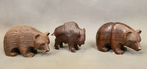 Wooden Hand Carved Bear Bison Brown Ironwood Figurine Statue Set Of 3 - Picture 1 of 14