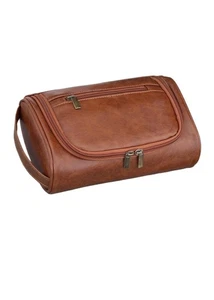 Bolso de aseo pequeño para hombre, kit doble de cuero PU resistente al agua, afeitado, marrón - Imagen 1 de 6