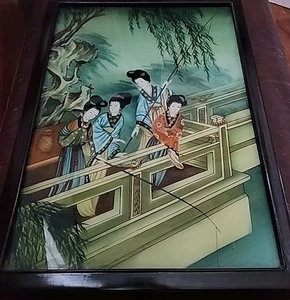 Vintage orientalische chinesische Rückseite Gemälde auf Glas 23" x 16" Geisha Mädchen Angeln - Bild 1 von 2