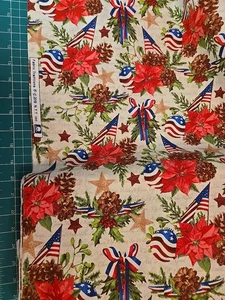 PATRIOTIC CHRISTMAS AMERICAN USA FLAG Poinsetta FABRIC BY THE YARD PINECONE EXCL - Picture 1 of 6