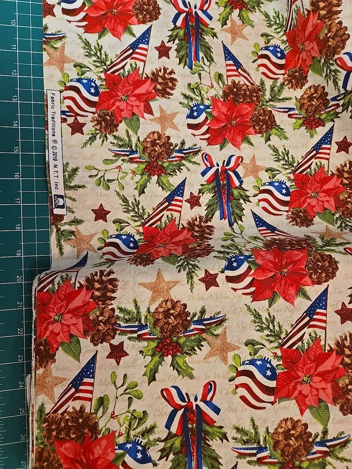 PATRIOTIC CHRISTMAS AMERICAN USA FLAG Poinsetta FABRIC BY THE YARD PINECONE EXCL - Image 1 of 4