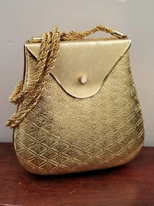 Vintage Rosenfeld Made in Italy Gold Metal Floral Daisy Quilted Hard Case Purse - Picture 1 of 24