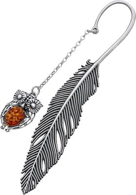 Segnalibro Argento 925 Ossidato, Ambra Baltica Ovale in Colore Cognac, Segnalibr - Immagine 1 di 4