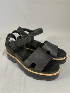 New Sorel Joanie IV Ankle Strap Wedge Sandal Black Leather Women's Size 10.5 - Picture 1 of 5
