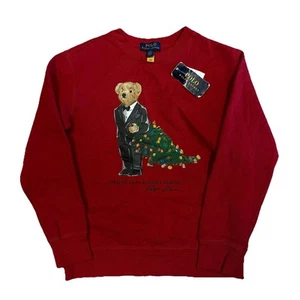POLO RALPH LAUREN CHRISTMAS HOLIDAY BEAR CREWNECK RED SWEATSHIRT YOUTH M H18 - Picture 1 of 5