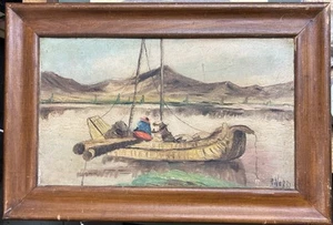 Dipinto olio metallo latta firmato barca acqua viaggiatore arte paesaggio sudamericano - Foto 1 di 15