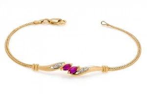 Bracciale catena spina di pesce diamante 0,06 ct pietra preziosa rubino oro giallo 14 kt 4,4 g 7" - Foto 1 di 5