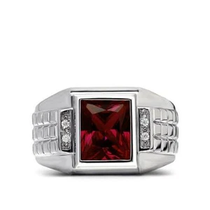 3.50 CT Emerald Cut Red Ruby & Round Cut CZ Fantastic Men's Ring In 935 Silver - Picture 1 of 7
