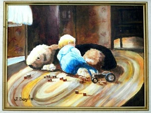 M JANE DOYLE SIGNED ORIG ART OIL/CANV.PAINTING "TWO SLEEPYHEADS"(FIGURE)FRAMED - Picture 1 of 7
