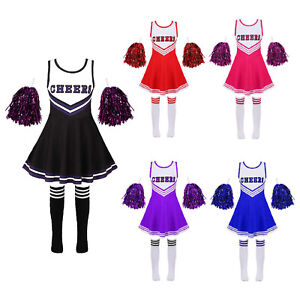 Cheer Leader Costume for Girls Cheer Uniform Outfit Halloween Dress Up Pom Poms
