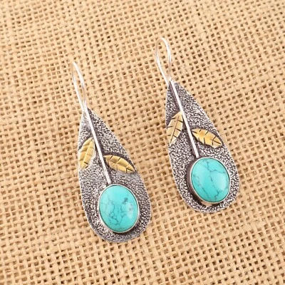 Natural Blue Turquoise Gemstone 925 Sterling Silver Jewelry Earrings For Women - Image 1 of 4