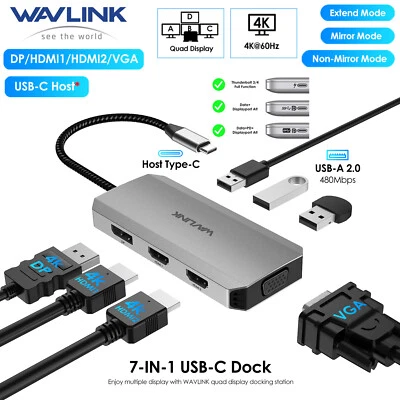 Estación de acoplamiento de pantalla cuádruple USB C 7 EN 1 para computadoras portátiles HP/Dell/Lenovo/Mac/Superficie Foto 1 de 4