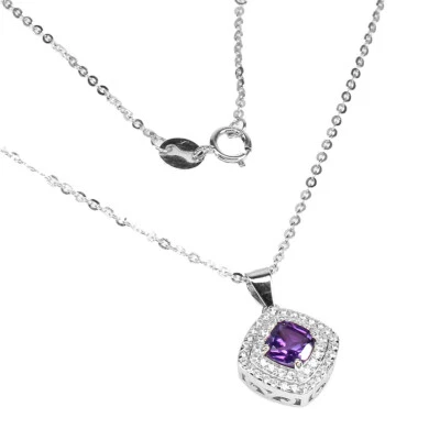 925 Argento Sterling Cuscino Ametista 5mm Finto Zirconia Cubica Collana 45.7cm - Immagine 1 di 4