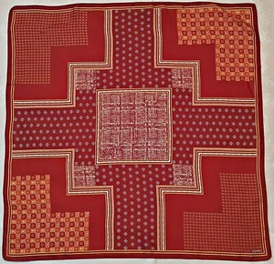BUFANDA CUADRADA VINTAGE AUTÉNTICA ESPRIT ARTE GEOMÉTRICO BORGOÑA SEDA MOSTAZA 30"" - Imagen 1 de 4