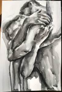 Original Watercolor Painting Hugging Couple Portrait Black and white 12x16 inche - Picture 1 of 10