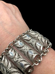 Antique 925 Sterling Silver Filigree Etruscan Wide Bracelet 7.25" x 1.25" Elegan - Picture 1 of 6