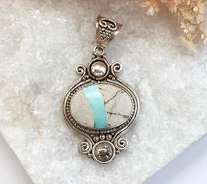 Balinesischer Marmor weiß & türkis Sterlingsilber Perlen Vintage Anhänger - Bild 1 von 10