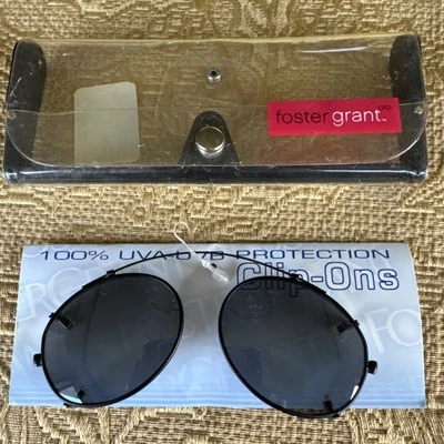 NEW Vtg. Foster Grant Clip-Ons Sunglasses UVA-UVB 100% Black w Gray lenses Case - Image 1 of 4