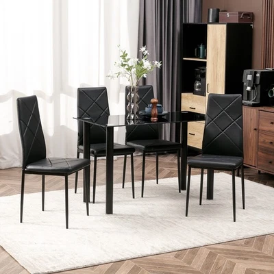 Dining Table and Chairs Set 4 with Padded Seat and Tempered Glass Tabletop Black - Image 1 of 4