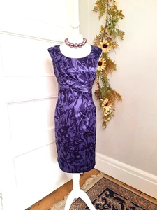 STUNNING MINUET PETITE PURPLE ABSTRACT PRINT SATIN BODYCON DRESS Sz 12 - Picture 1 of 6