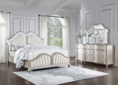 4 PC BLING SILVER & IVORY UPHOLSTERED LED KING BED NS DRESSER BEDROOM FURNITURE - Image 1 of 4