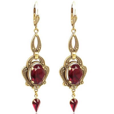 Chandelier Ohrringe Gold Rot Vintage Kristall Damen Ohrhänger Ruby NOBEL SCHMUCK - Bild 1 von 4