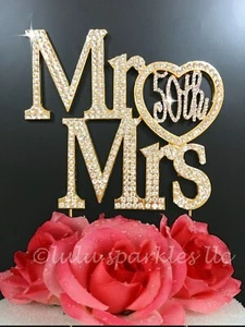 Mr And Mrs 50th Anniversary Rhinestone cake topper Vow renewal gold tone bling - Picture 1 of 2