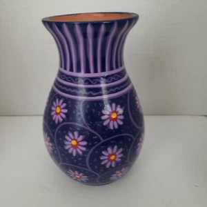 Clay Vase Purple Floral Bright Painted Glazed Mexican Pottery 7.5in - Picture 1 of 7